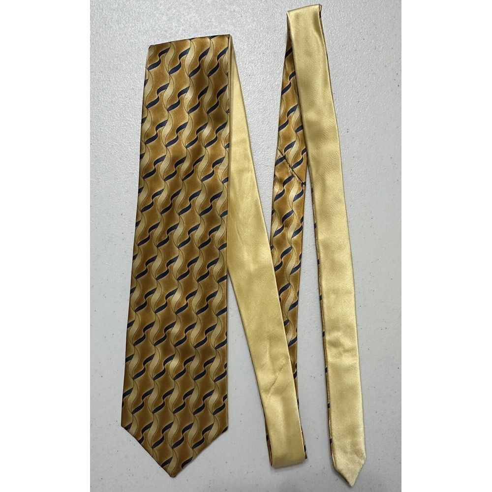DeSantis Collection Geometric Wave Necktie 100% Silk Hand Made Italy Gold Navy‎